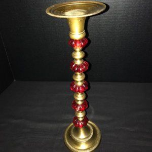 13.25" Antique Brass and Red Glass Candle Holder